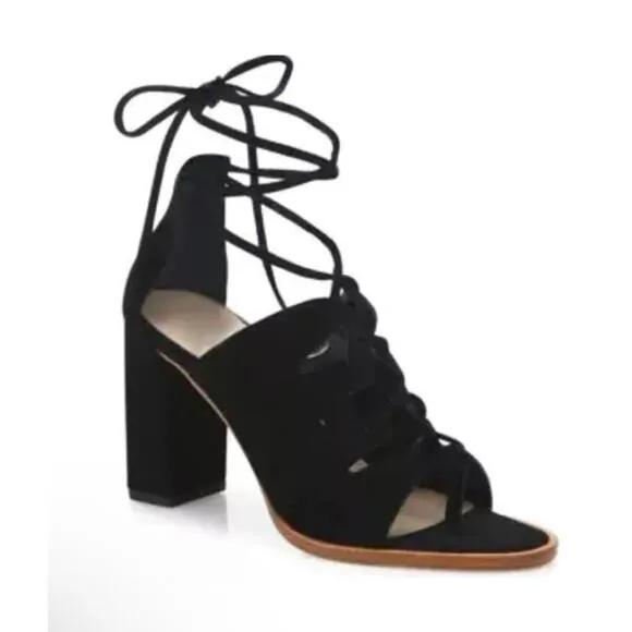 Loeffler Randall Helene Kid Suede Lace-Up Sandals Black Size 9.5B Block Heel