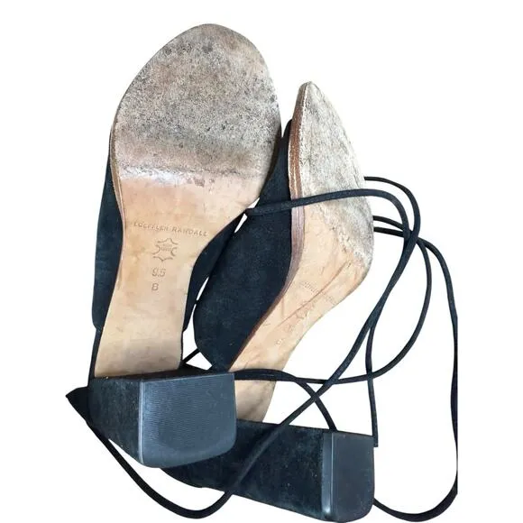 Loeffler Randall Helene Kid Suede Lace-Up Sandals Black Size 9.5B Block Heel