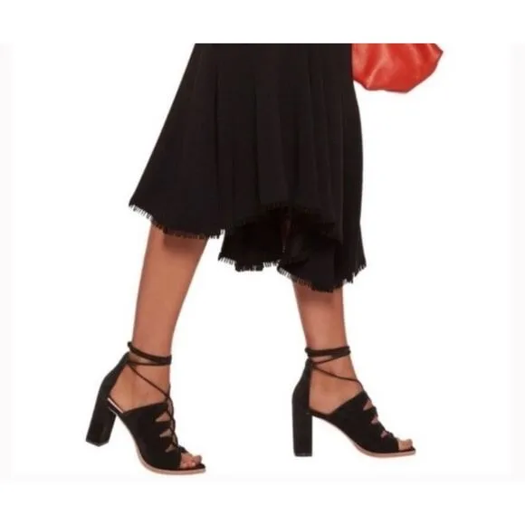 Loeffler Randall Helene Kid Suede Lace-Up Sandals Black Size 9.5B Block Heel