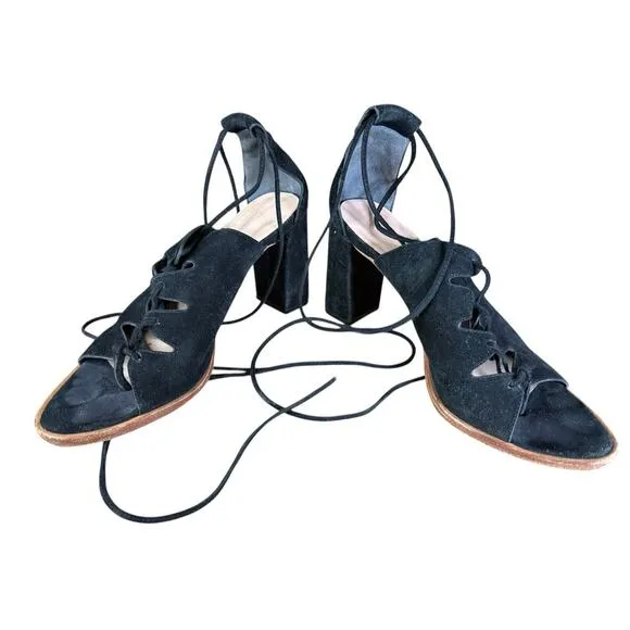 Loeffler Randall Helene Kid Suede Lace-Up Sandals Black Size 9.5B Block Heel