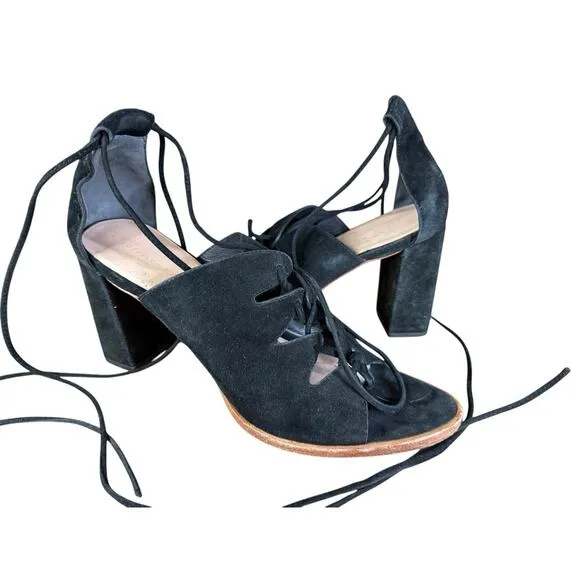 Loeffler Randall Helene Kid Suede Lace-Up Sandals Black Size 9.5B Block Heel