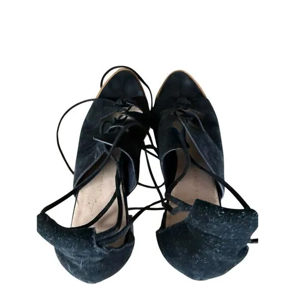 Loeffler Randall Helene Kid Suede Lace-Up Sandals Black Size 9.5B Block Heel