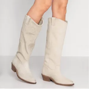 Low Stacked Heel Slouchy Knee High Western Boots Pointed Square Toe Velvet Suede