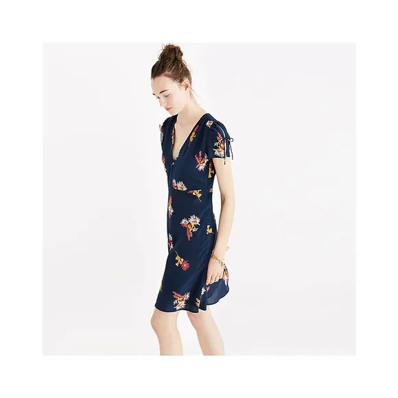 Madewell Silk Poppy Dress in Cactus Flower Navy Floral Silk Dress SZ 2
