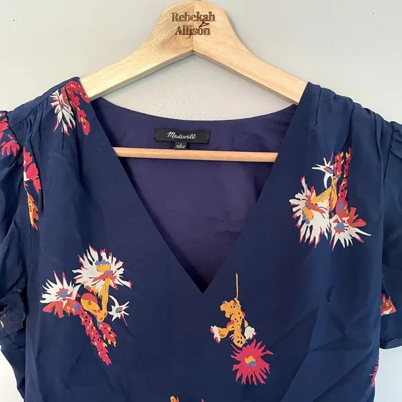 Madewell Silk Poppy Dress in Cactus Flower Navy Floral Silk Dress SZ 2
