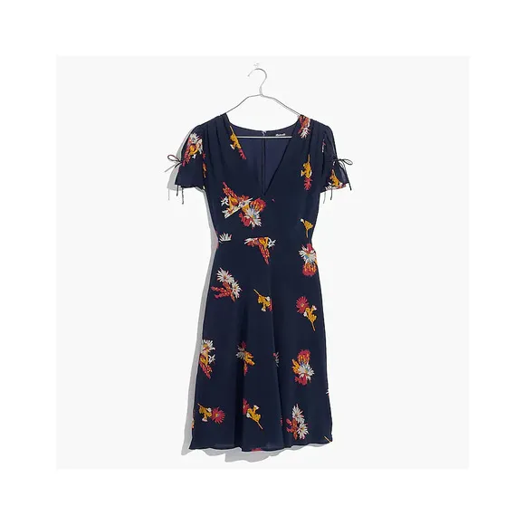 Madewell Silk Poppy Dress in Cactus Flower Navy Floral Silk Dress SZ 2
