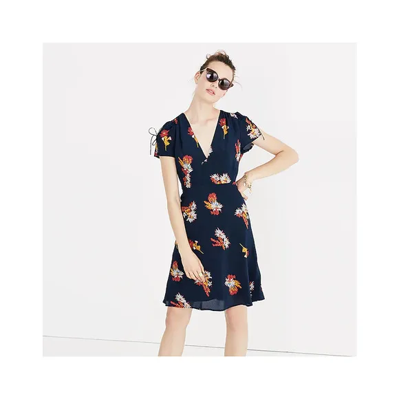 Madewell Silk Poppy Dress in Cactus Flower Navy Floral Silk Dress SZ 2