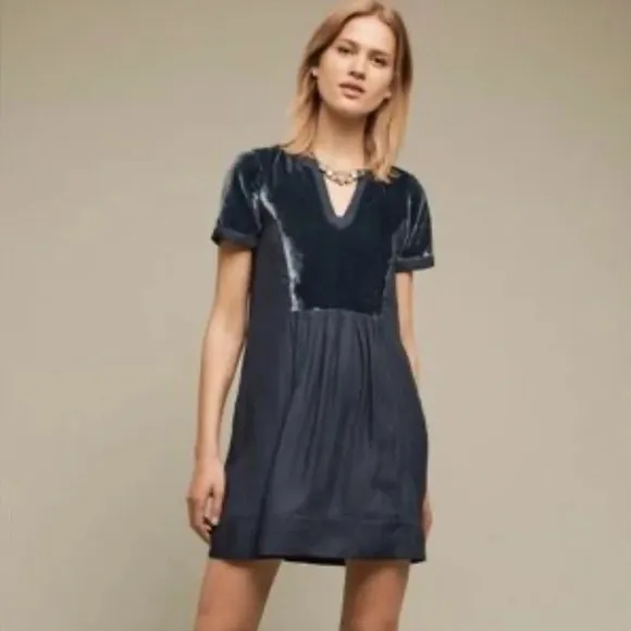 Maeve Ingrid Velvet Short Sleeve Dress Indigo Green Size Small