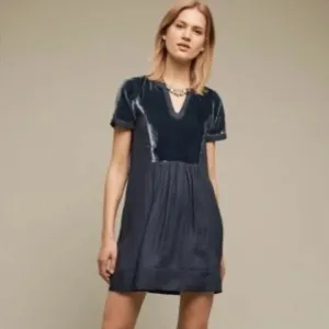 Maeve Ingrid Velvet Short Sleeve Dress Indigo Green Size Small