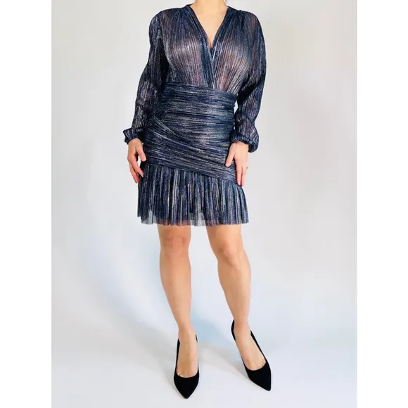 Maje Dress Lame Size 38 Blue Silver Mini Draped