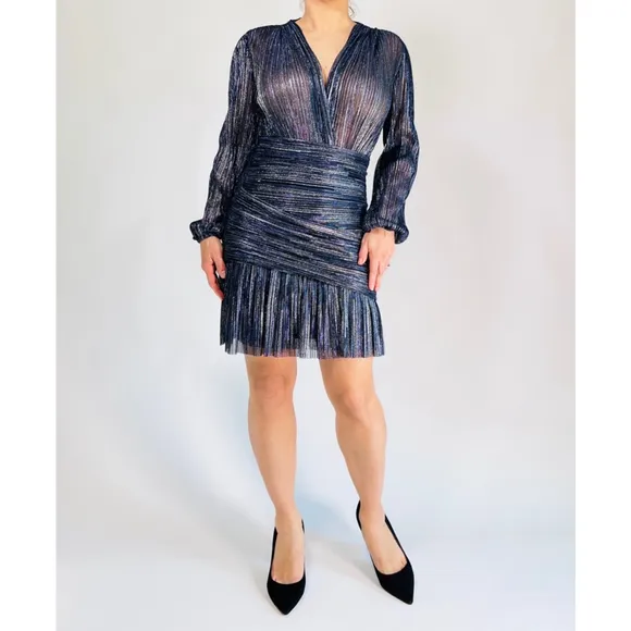 Maje Dress Lame Size 38 Blue Silver Mini Draped