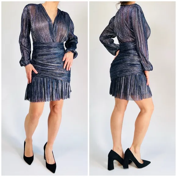 Maje Dress Lame Size 38 Blue Silver Mini Draped