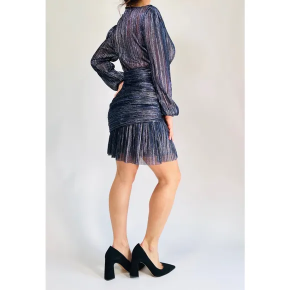Maje Dress Lame Size 38 Blue Silver Mini Draped