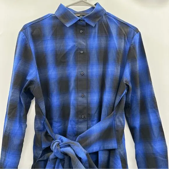 Maje Rulyl Blue &amp; Black Plaid Checkered Long Sleeve Tie Front Button Shirt Dress