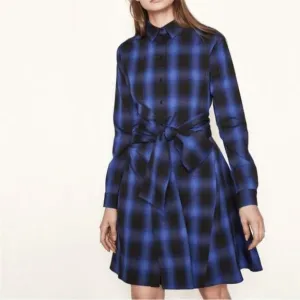 Maje Rulyl Blue &amp; Black Plaid Checkered Long Sleeve Tie Front Button Shirt Dress
