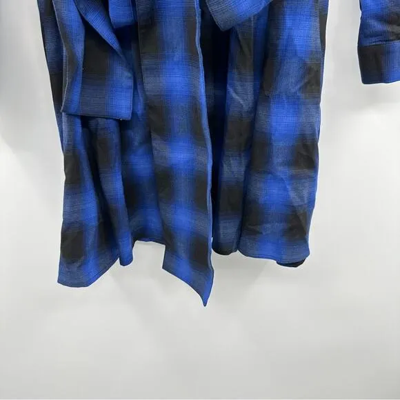 Maje Rulyl Blue &amp; Black Plaid Checkered Long Sleeve Tie Front Button Shirt Dress