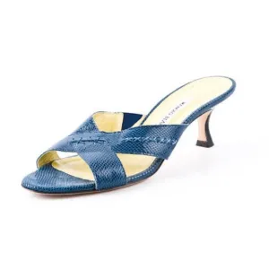 Manolo Blahnik Blue Snakeskin Crossover Heels, Size 38.5 = US 7.5