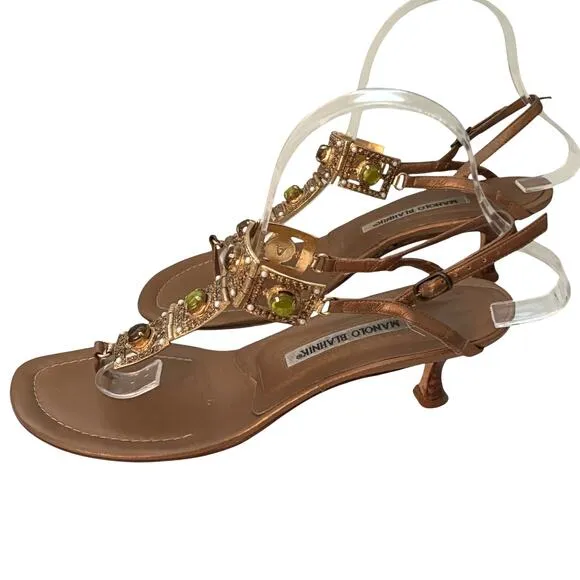 Manolo Blahnik Jeweled Leather Kitten Heels Slingback Sandals Gold Size 39 (9)