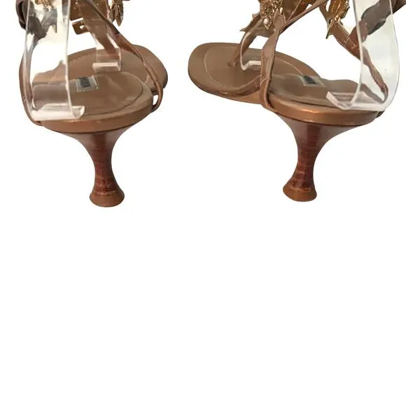 Manolo Blahnik Jeweled Leather Kitten Heels Slingback Sandals Gold Size 39 (9)