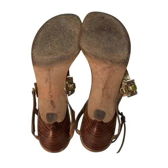 Manolo Blahnik Jeweled Leather Kitten Heels Slingback Sandals Gold Size 39 (9)