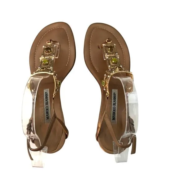 Manolo Blahnik Jeweled Leather Kitten Heels Slingback Sandals Gold Size 39 (9)