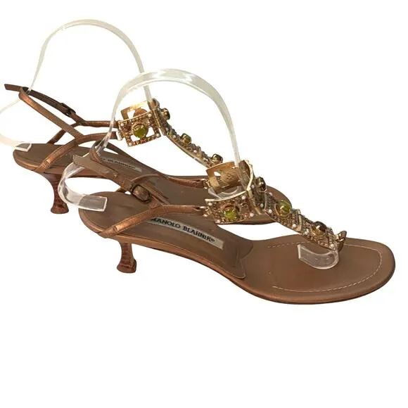 Manolo Blahnik Jeweled Leather Kitten Heels Slingback Sandals Gold Size 39 (9)
