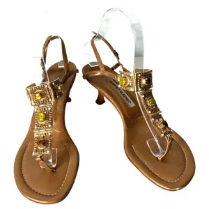 Manolo Blahnik Jeweled Leather Kitten Heels Slingback Sandals Gold Size 39 (9)