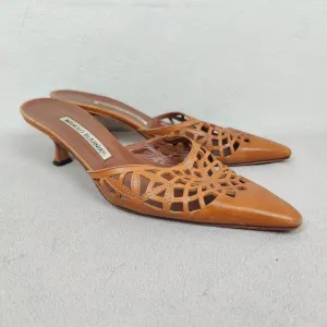 Manolo Blahnik Sandals Womens 36 6 Tan Laser Cut Slide Heels Mules Y2K Low Heel