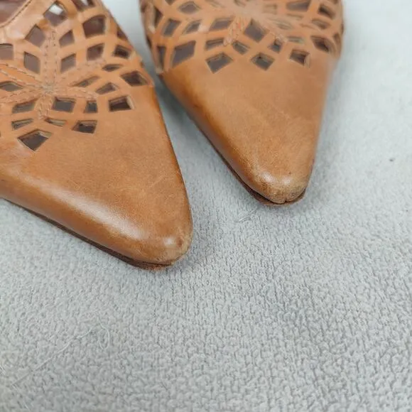 Manolo Blahnik Sandals Womens 36 6 Tan Laser Cut Slide Heels Mules Y2K Low Heel