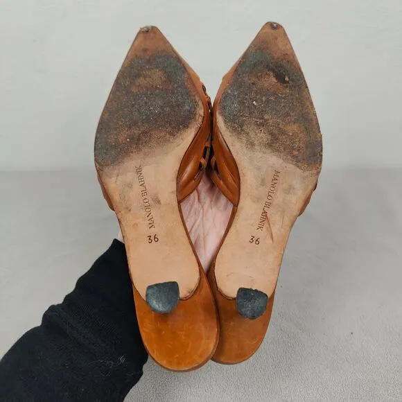 Manolo Blahnik Sandals Womens 36 6 Tan Laser Cut Slide Heels Mules Y2K Low Heel