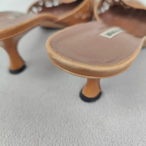 Manolo Blahnik Sandals Womens 36 6 Tan Laser Cut Slide Heels Mules Y2K Low Heel