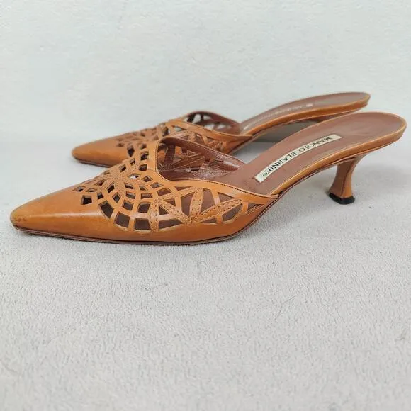 Manolo Blahnik Sandals Womens 36 6 Tan Laser Cut Slide Heels Mules Y2K Low Heel