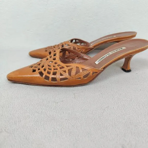 Manolo Blahnik Sandals Womens 36 6 Tan Laser Cut Slide Heels Mules Y2K Low Heel