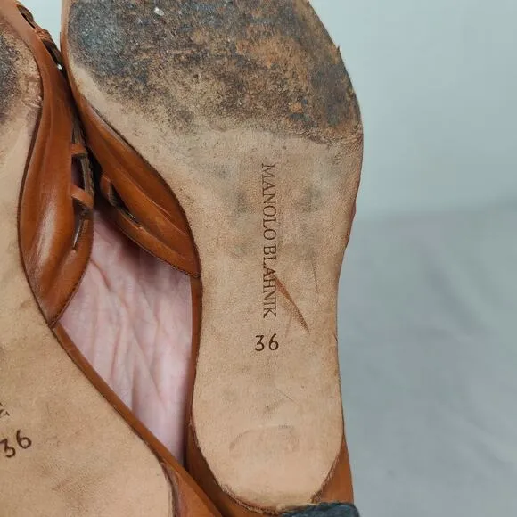 Manolo Blahnik Sandals Womens 36 6 Tan Laser Cut Slide Heels Mules Y2K Low Heel