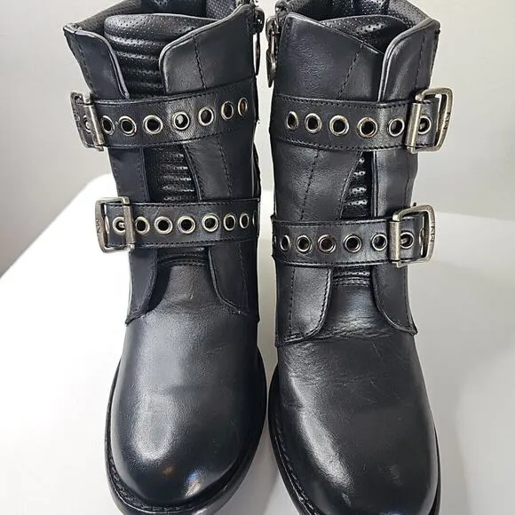 Mark Nason Black Leather Moto Buckle Ankle Heel Boots Size 9