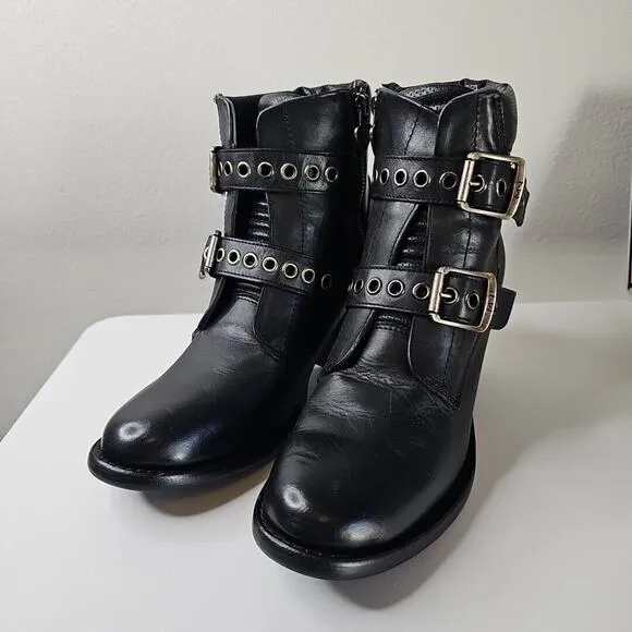Mark Nason Black Leather Moto Buckle Ankle Heel Boots Size 9