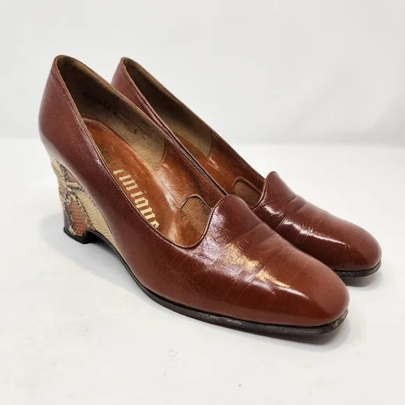 Martinique Womens Vintage Wedge Heels 6N Brown Leather Snake Skin Slip On Shoes