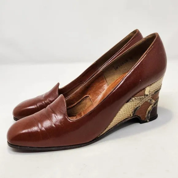 Martinique Womens Vintage Wedge Heels 6N Brown Leather Snake Skin Slip On Shoes
