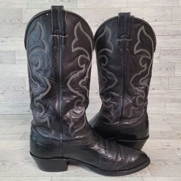 Men's Vintage Nocona Western Black Shark Leather Rodeo Cowboy Boots Size 8 D