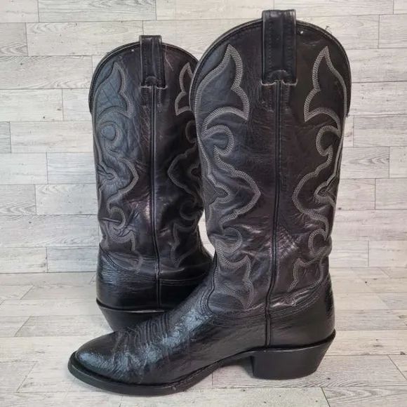 Men's Vintage Nocona Western Black Shark Leather Rodeo Cowboy Boots Size 8 D