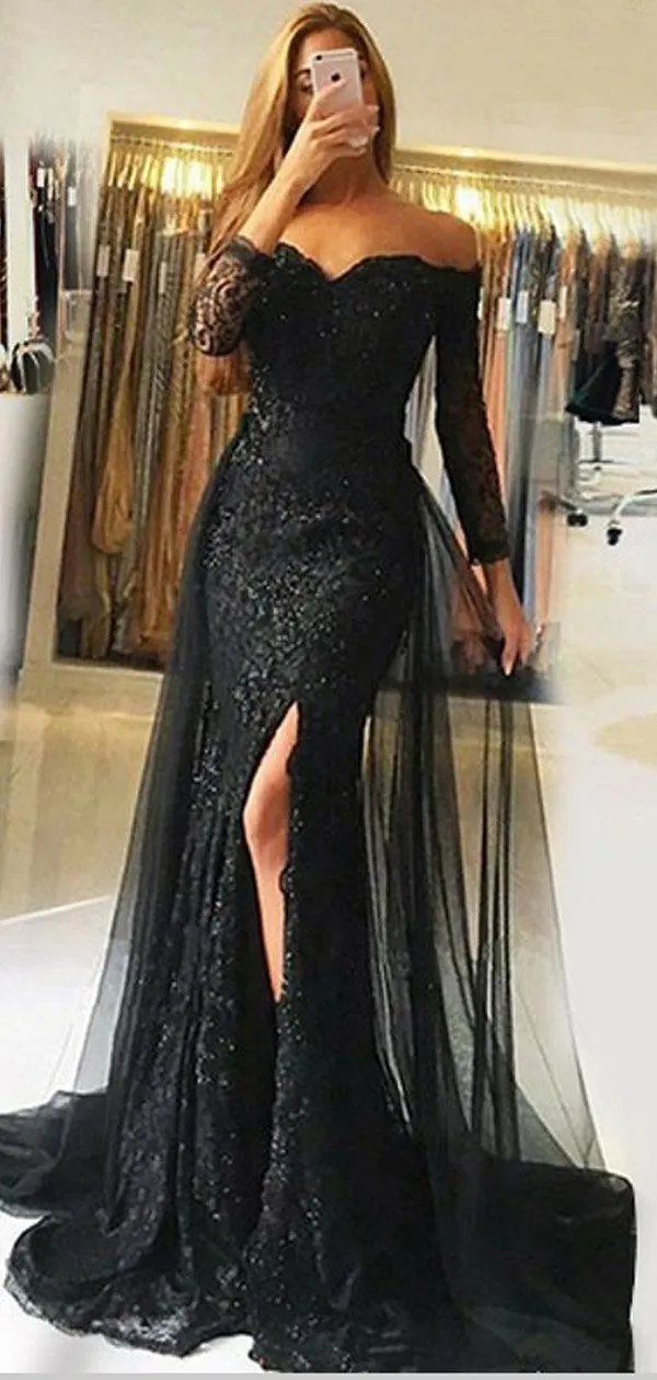 Mermaid Off-the-Shoulder Long Sleeves Black Prom Dress,Cheap Prom Dresses,PDY0544