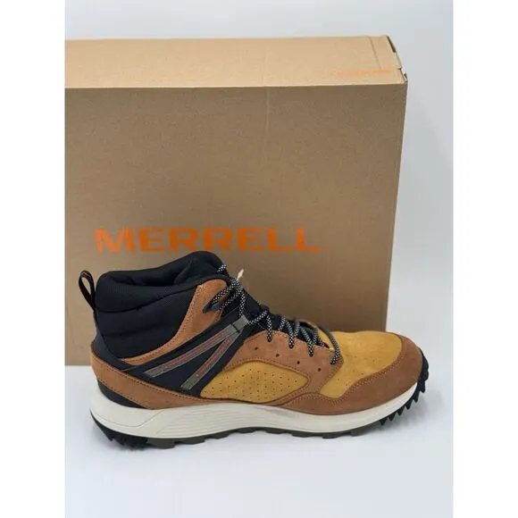 Merrell Men's Wildwood Mid Leather Waterproof Hiking Boots Spice Gold Sz 9 NEW