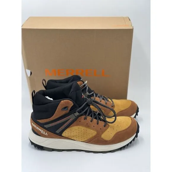 Merrell Men's Wildwood Mid Leather Waterproof Hiking Boots Spice Gold Sz 9 NEW