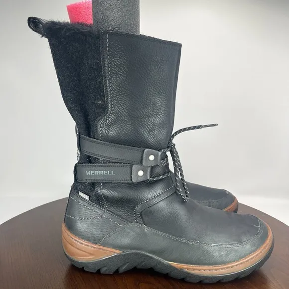 Merrell Sylva Boot Women's 11 Black Leather Faux Fur Side Zip Winter Shoe J02084
