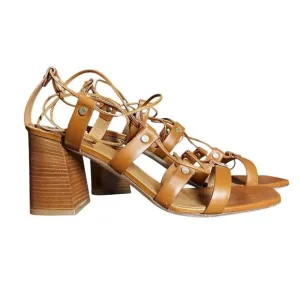 M.Gemi Brown Leather The Folla Ankle Wrap Block Heel Sandals - 41 / US 10