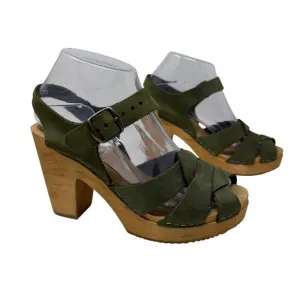 MIA Swedish 38 7 US Sandals Green Leather Wooden 4 Inch Heel Sweden Womens