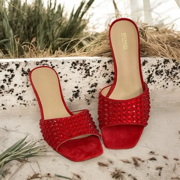 Michael Kors Amal Kitten Heel Sandal 8.5 Open Toe Embellished Crimson Stone
