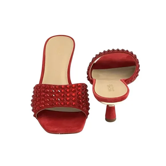 Michael Kors Amal Kitten Heel Sandal 8.5 Open Toe Embellished Crimson Stone