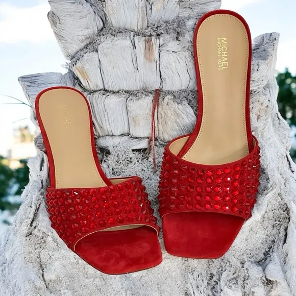 Michael Kors Amal Kitten Heel Sandal 8.5 Open Toe Embellished Crimson Stone