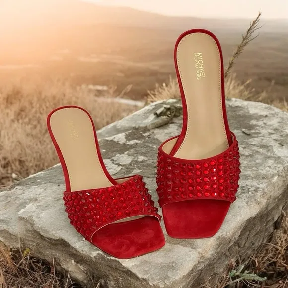 Michael Kors Amal Kitten Heel Sandal 8.5 Open Toe Embellished Crimson Stone